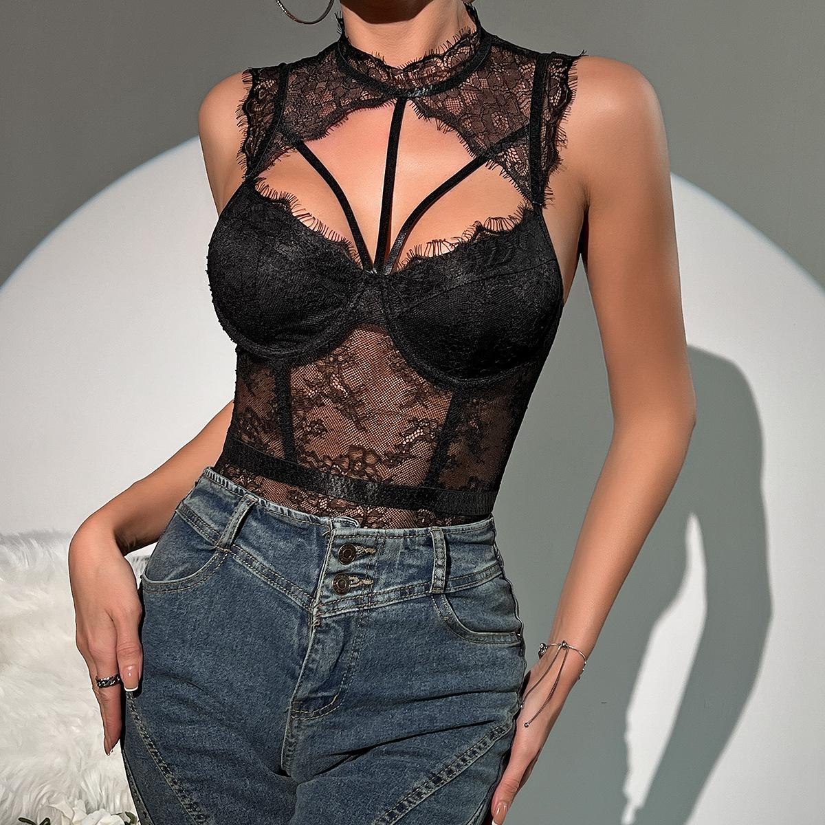 

Летний новый модный сексуальный комплект с круглым вырезом, черный кружевной прозрачный облегающий комбинезон L чёрный