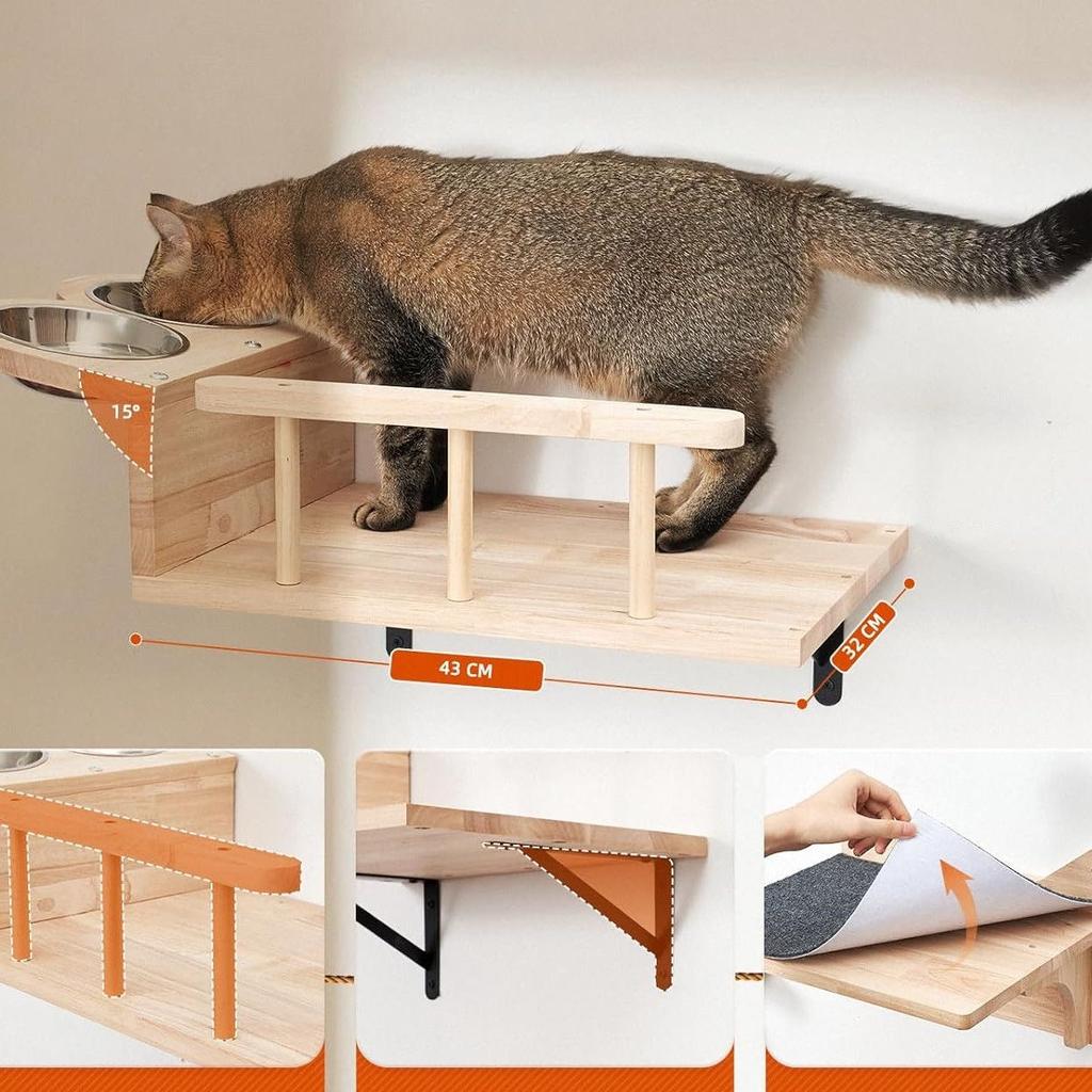 Wall-Mounted Cat House and Bowl Warm, Solid Wood Design with a Floating Structure—Space-Saving and Just for Your Cat