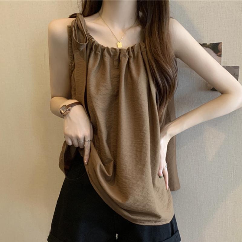 VONDA Women Summer Round Neck Tie Sleeveless Tanks