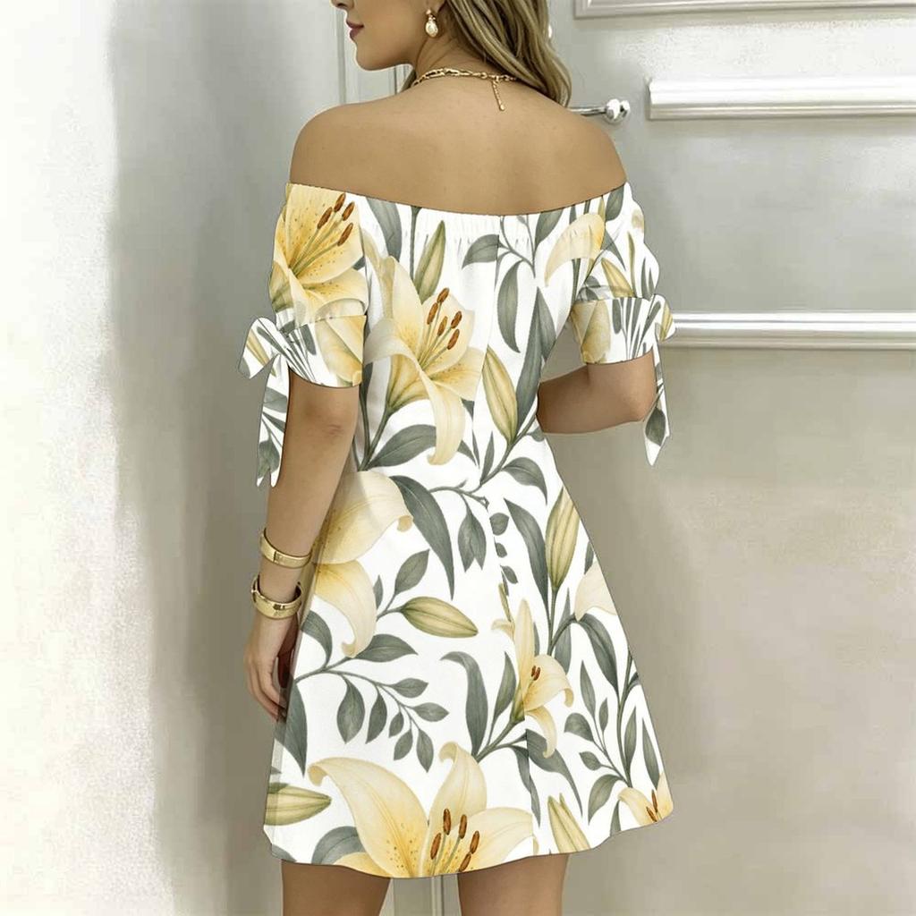 Women Plus Size White Off Shoulder Short Sleeve Tie Cuff Floral Printed A Line Dress