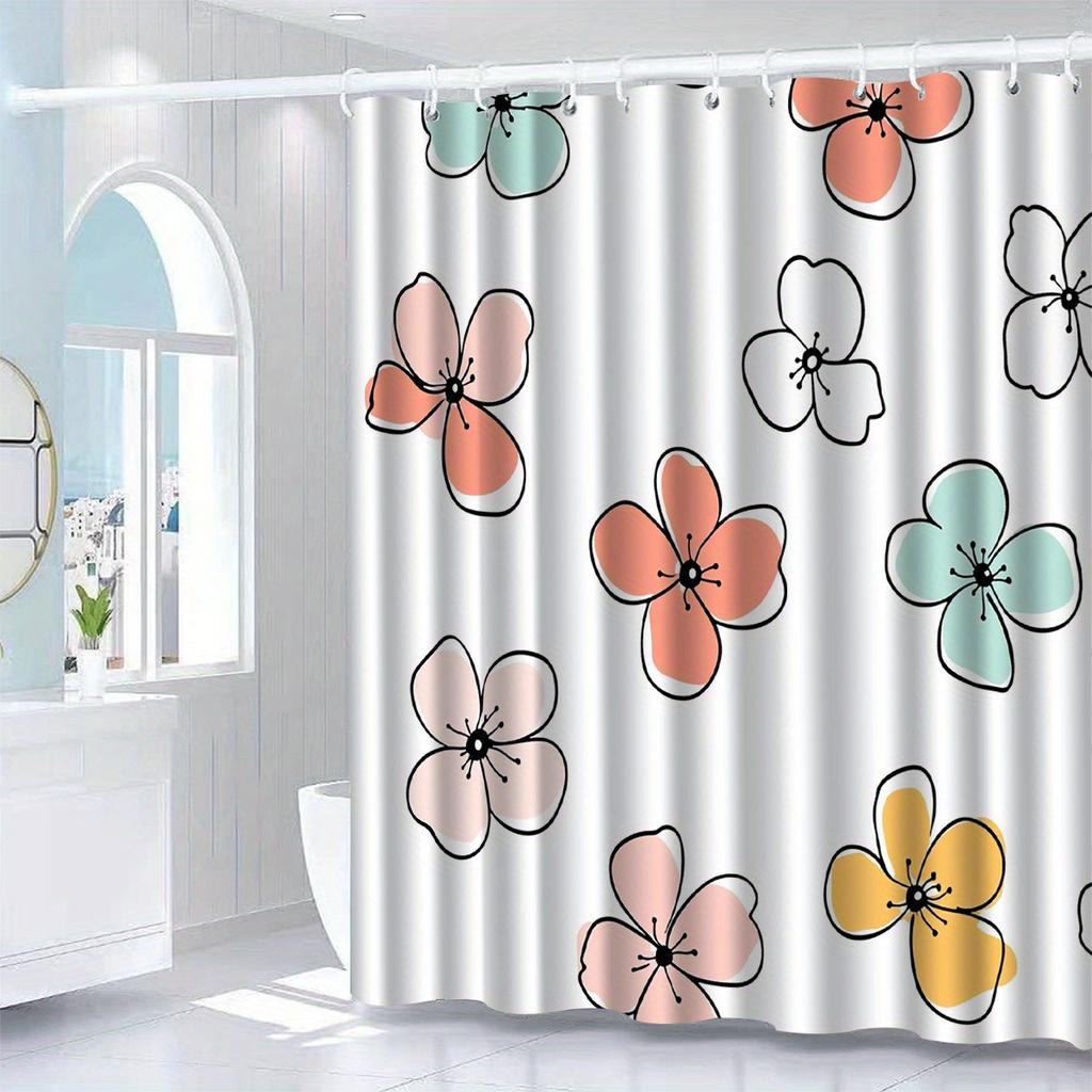 Floral Pattern Shower Curtain - Polyester Woven, Machine Washable, Includes 12 Hooks, All-Season Home Decor, Bathroom Partition