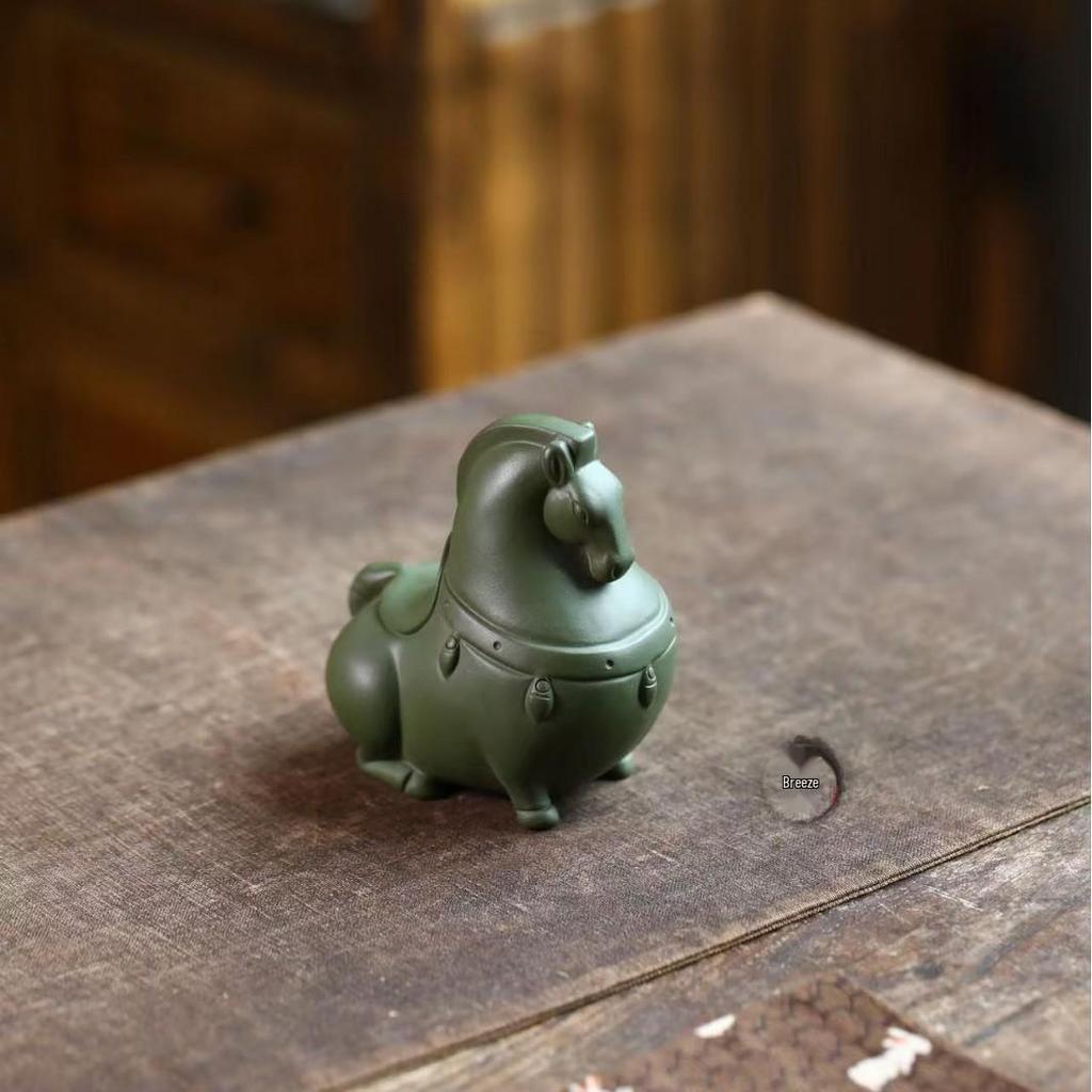 Yixing Zisha Green Horse Tea Pet Ornament for Wealth and Success