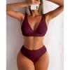 Ribbed Bikini Women Swimsuit  New High Waist Swimwear Sexy V-neck Biquini Push Up Bathing Suit Women Black Bikini Set