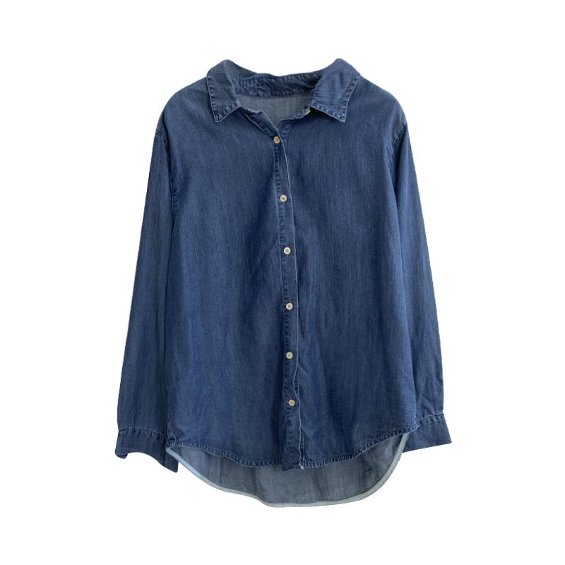 Women's Dark Blue Tencel Denim Shirt Jacket - Soft, Loose, Mid-Length for Autumn