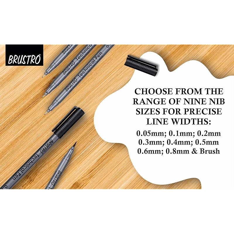

BRUSTRO Technical Fineliner & Brush Pen Set of 9 |Black| Tip Sizes - 0.05,0.1,0.2,0.3,0.4,0.5,0.6,0.8 mm| Waterproof, Id 1 count (Pack of 1) чёрный