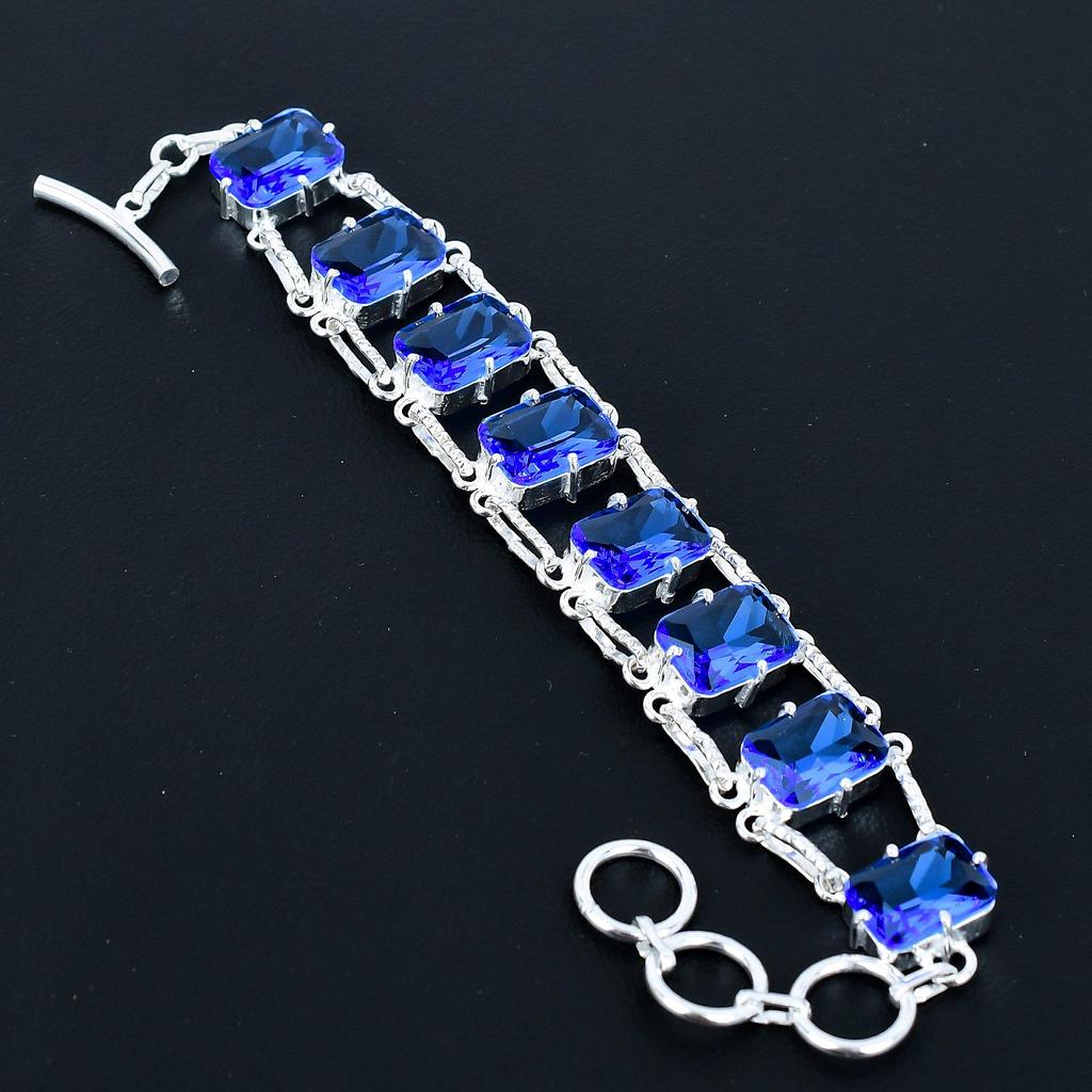 Faceted London Blue Topaz Bracelet 925 Sterling Silver Jewelry Adjustable Chain Bracelet Cushion Shape Gemstone Handmade Jewelry Gift For Her