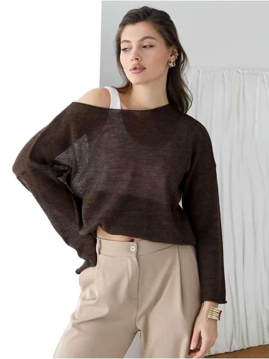 

European-American Thin Round Neck Bell Sleeve Knitted See-through T-shirt (Spring/Summer 2025 Collection) X-Large коричневий