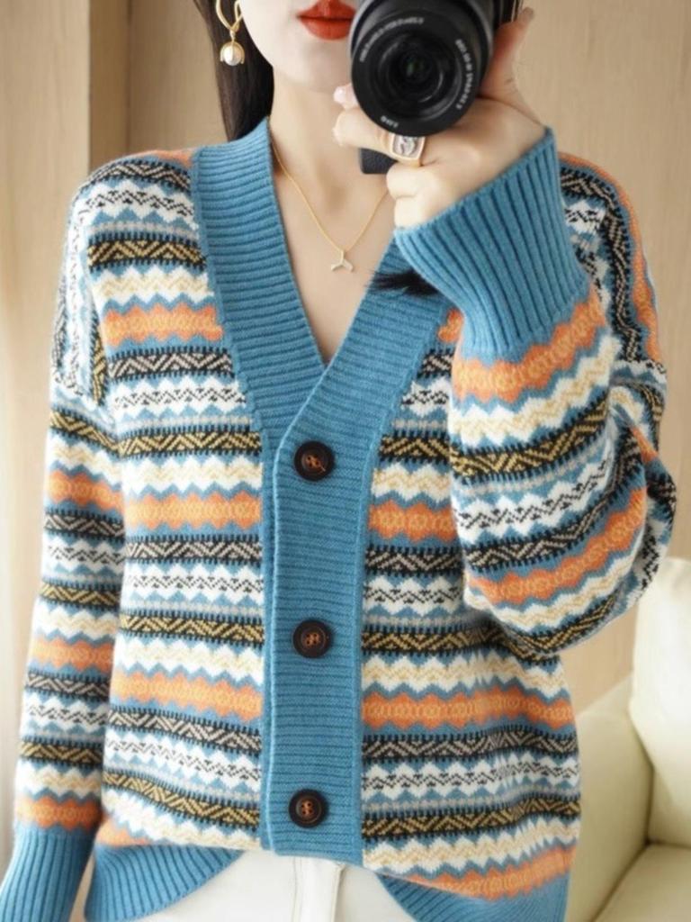 Women's Retro Striped V-Neck Cardigan - Thick Knitted Jacquard Sweater for Spring
