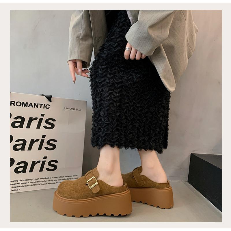 Women Genuine Leather Fleece Lined Platform Slip On Cotton Shoes 7cm Height Increasing Round Toe Warm Winter Slippers