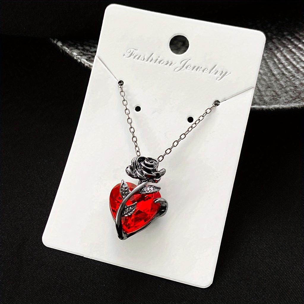 Gothic Dark Style Black Rose Wrapped Red Stone Peach Heart Pendant Necklace