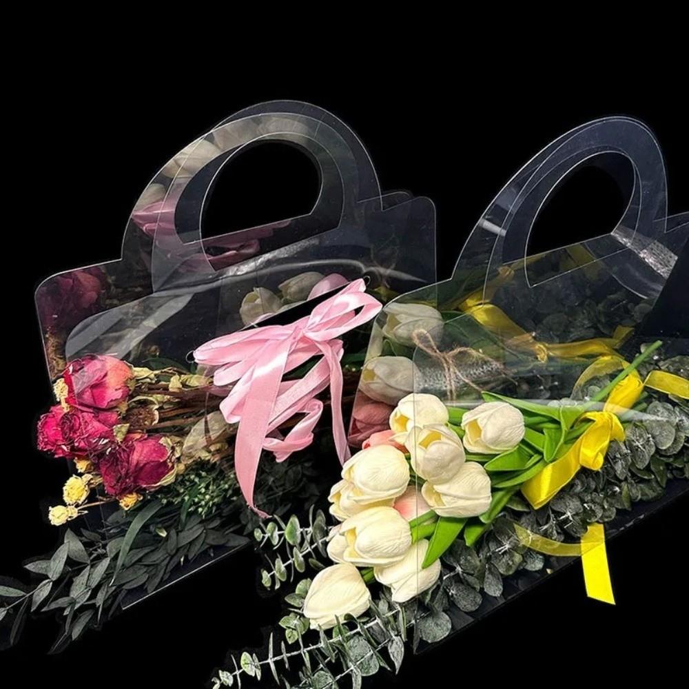 3 Pieces Transparent PET Flower Wrapping Handbag Waterproof Flower Gift Box  Party Gift