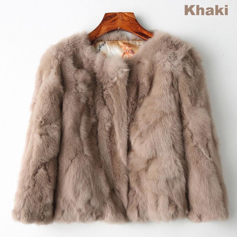 Lady Real Genuine Rabbit Fur 3/4 Sleeve Outwear Winter Warm Jacket Furry Coat
