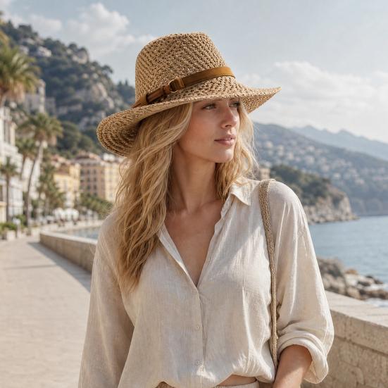 Summer Sun Protection Jazz Hat, Hand-Knitted Breathable Mesh Hat, Hand-made Hollow Braided Hat with Belt Decor