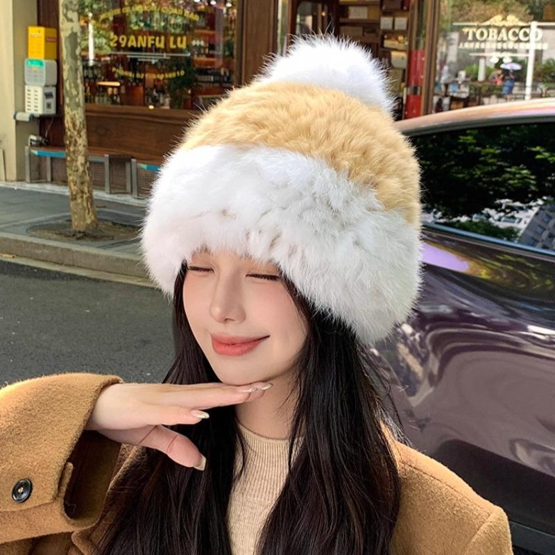 Rabbit Fur Hat Thickened Fluffy Hat Cold-proof and Warm Ear Protection Hat Plush Knitted Hat Headgear Bucket Hat Female