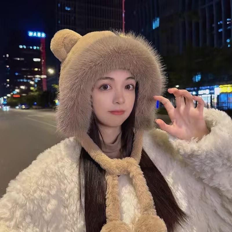 Herbst und Winter Erwachsenen Schnürung niedlich verdickt Bär Hut Plüschhut Hut vielseitig Umfang Radfahren Großkopf Ohrschutz Bommel