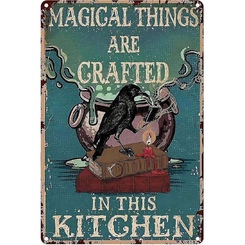 Witch Kitchen Decor Poster Tin Sign Crow Magical Things Are Crafted In This Kitchen Vintage Metal Sign For Indoor Farmhouse Coffee Shop Halloween