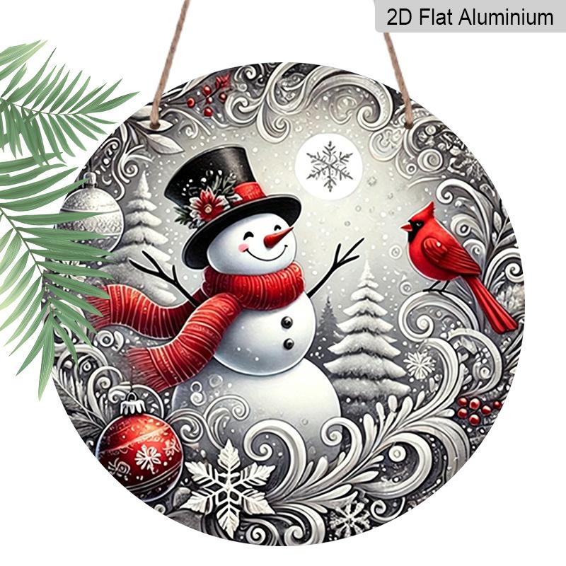 2D Flat, 1pc Winter Round Aluminum Sign, Snowman Round Wall Decor with Red Bird Rustic Metal Wall Art, Festive Metal Wall Art Decor, Wall Decor Signs