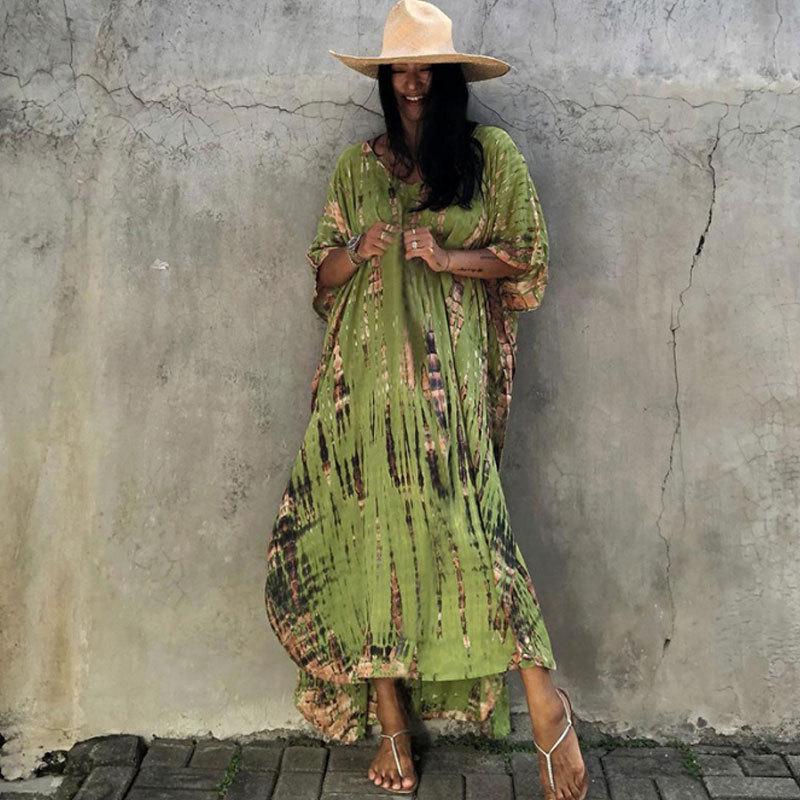 European & American Tie-dye Rayon Beach Dress: Loose, Long Seaside Vacation Robe & Bikini Cover-up with Sunscreen Shirt for Women