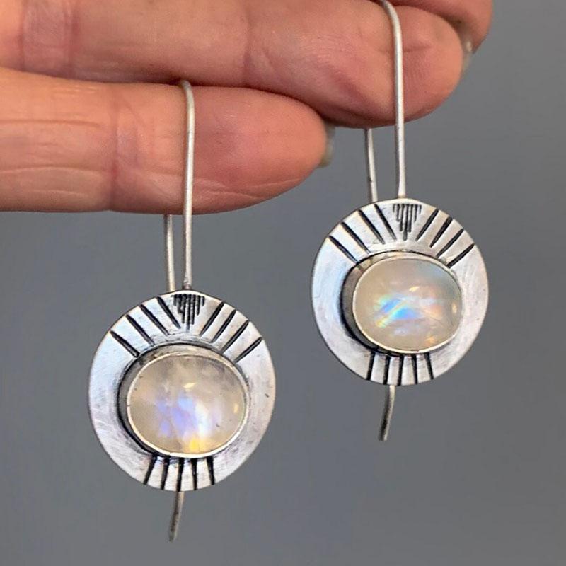 

Ancient Round White Moonstone Earrings Tribal Zircon Vintage Copper Color Metal Long Dangle Earrings for Women white