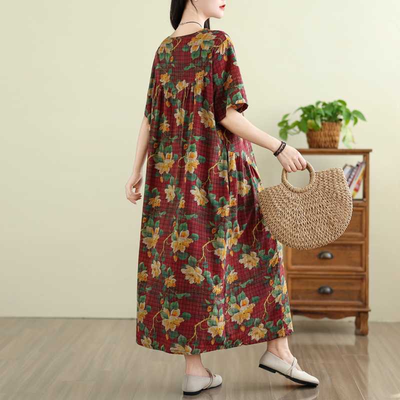Summer Retro Cotton and Linen Round Neck Short Sleeved Dress, Women's Loose Skirt