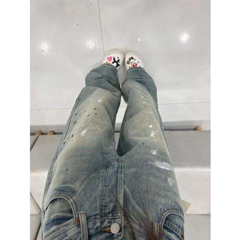 Women's American Retro Ink Splatter High Waist Wide Leg Jeans - Autumn/Winter Casual Slimming Design