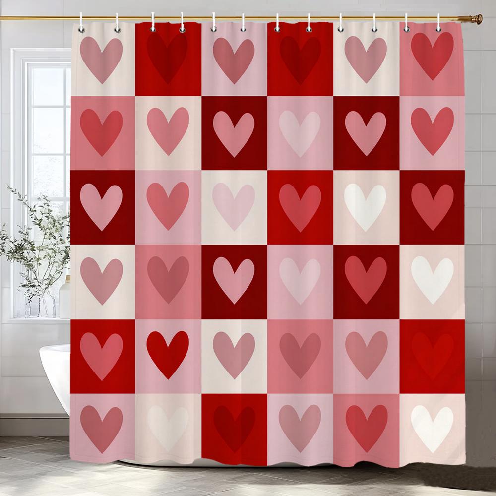 Modern heart-shaped Red Love Pattern Shower Curtain, Bathroom Decorative Shower Curtain, Waterproof Shower Curtain with Hooks 90x180cm-35x70in