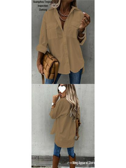 European American Women's Versatile Pocketed Long-Sleeve Lapel Shirt