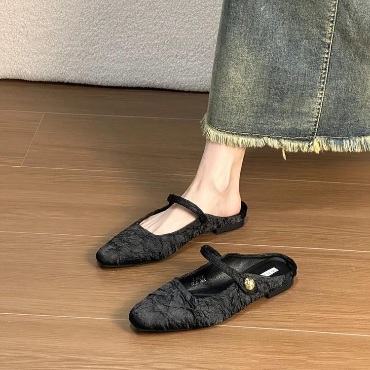 Sheepskin version~ New Chinese baotou half slippers, female style gentle fairy style lazy person with one foot, flat-soled muller shoes