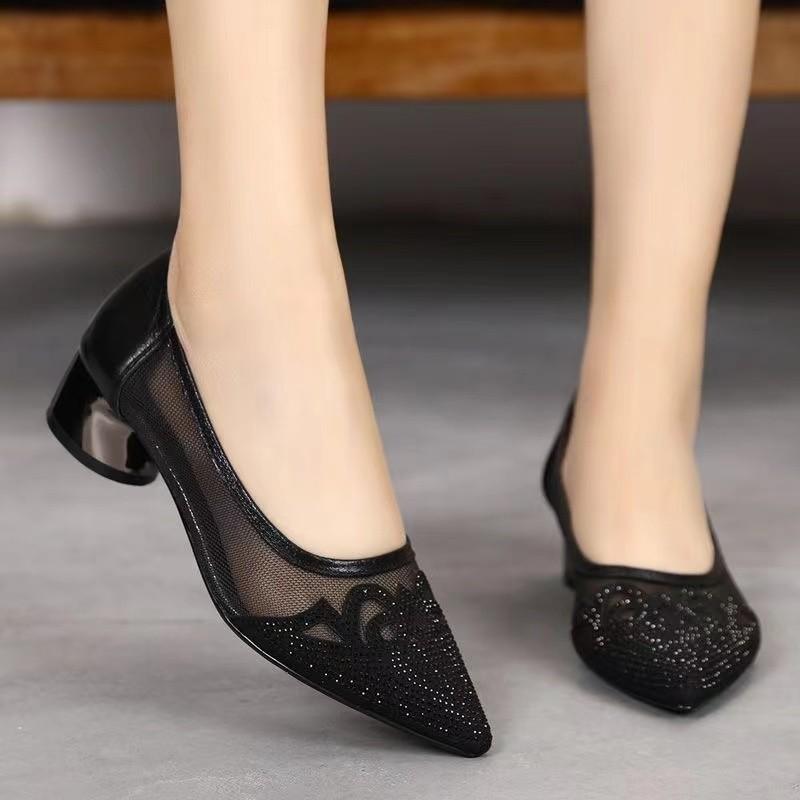 Mesh sandals thick heel hollow women's shoes summer new middle heel mesh single shoes women's rhinestone breathable shallow mouth shoes