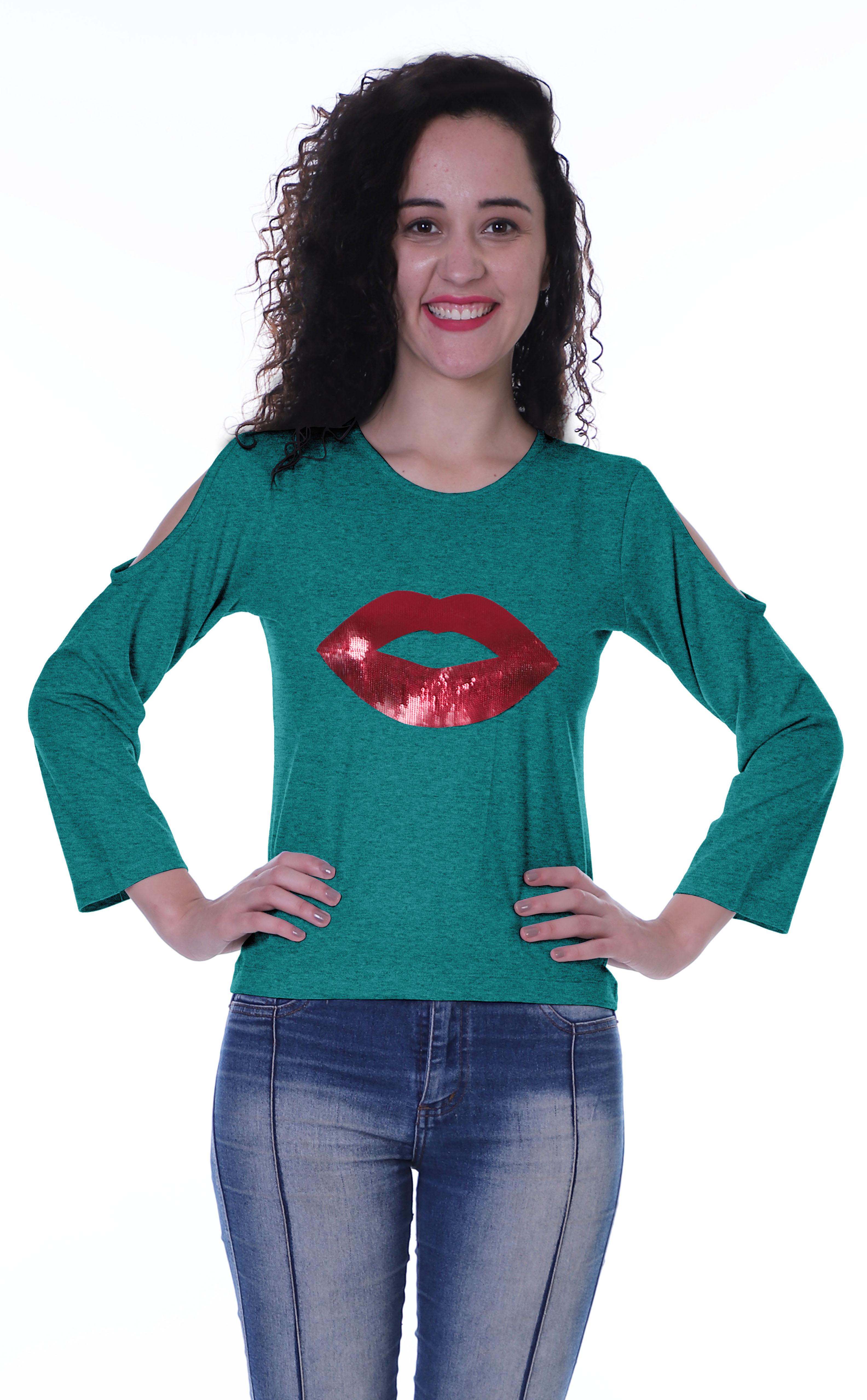 

Moomaya Womens Sequin Lips Patch Tshirt Long Sleeves Casual Valentine Top XS чирок зелений колір