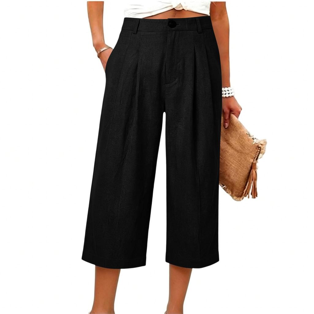 Cotton Linen Pants With Pockets Women Exposed Seam Hem Casual Pants Elastic Waist Summer Vacation Travel Pant
