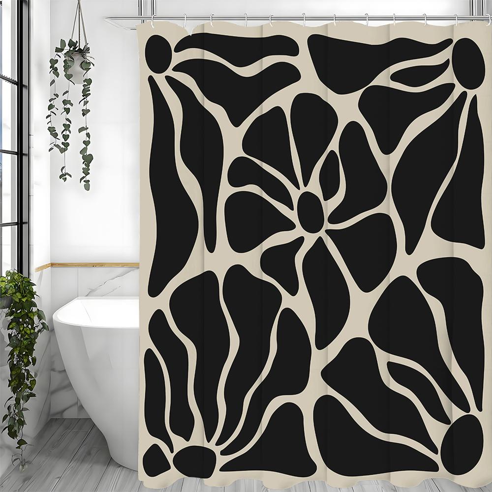 Black Floral Abstract Art Modern Shower Curtain, Bathroom Decorative Shower Curtain, Waterproof Shower Curtain with Hooks