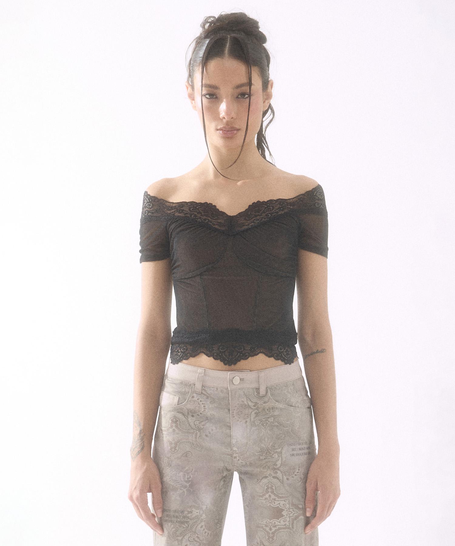 Buddy Off Shoulder Sheer Top Black/Sand Black/S