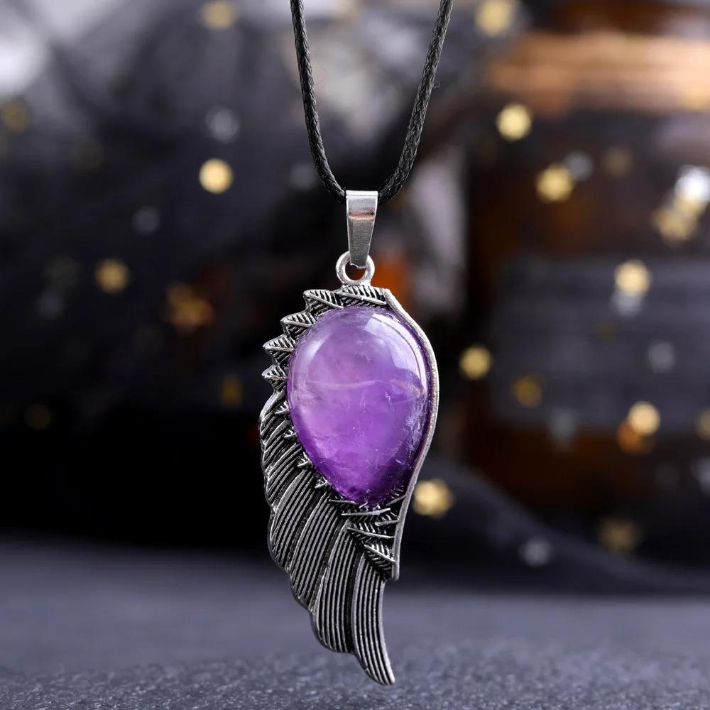 Natural Crystal Necklace Angel Single Winged Pendant Natural Gem Necklaces Jewelry Healing Stone Necklaces for Women Angel Wings