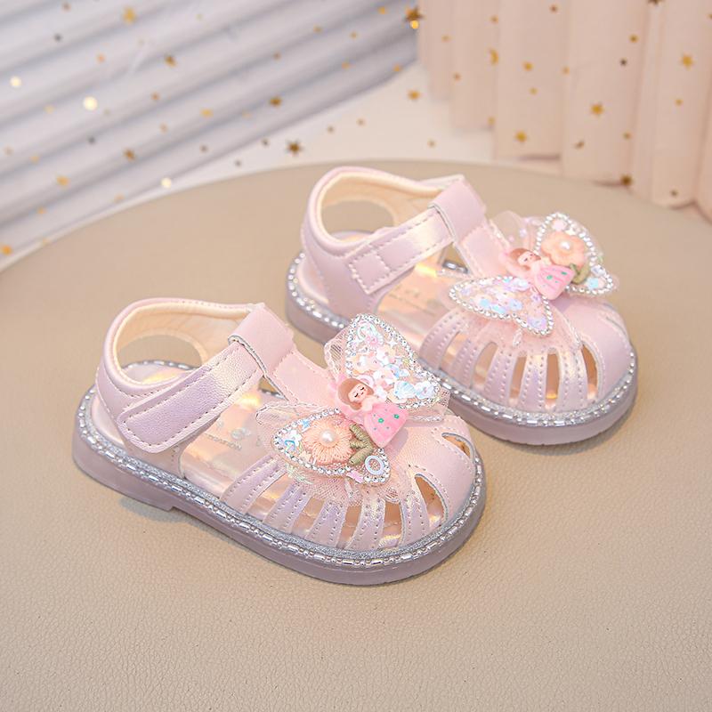 Baby Girls Princess Shoes Sweet Bows Kids Beach Shoes Hollow-out T-strap 2025 Summer New Toddler Walking Shoes Soft Size 16-26