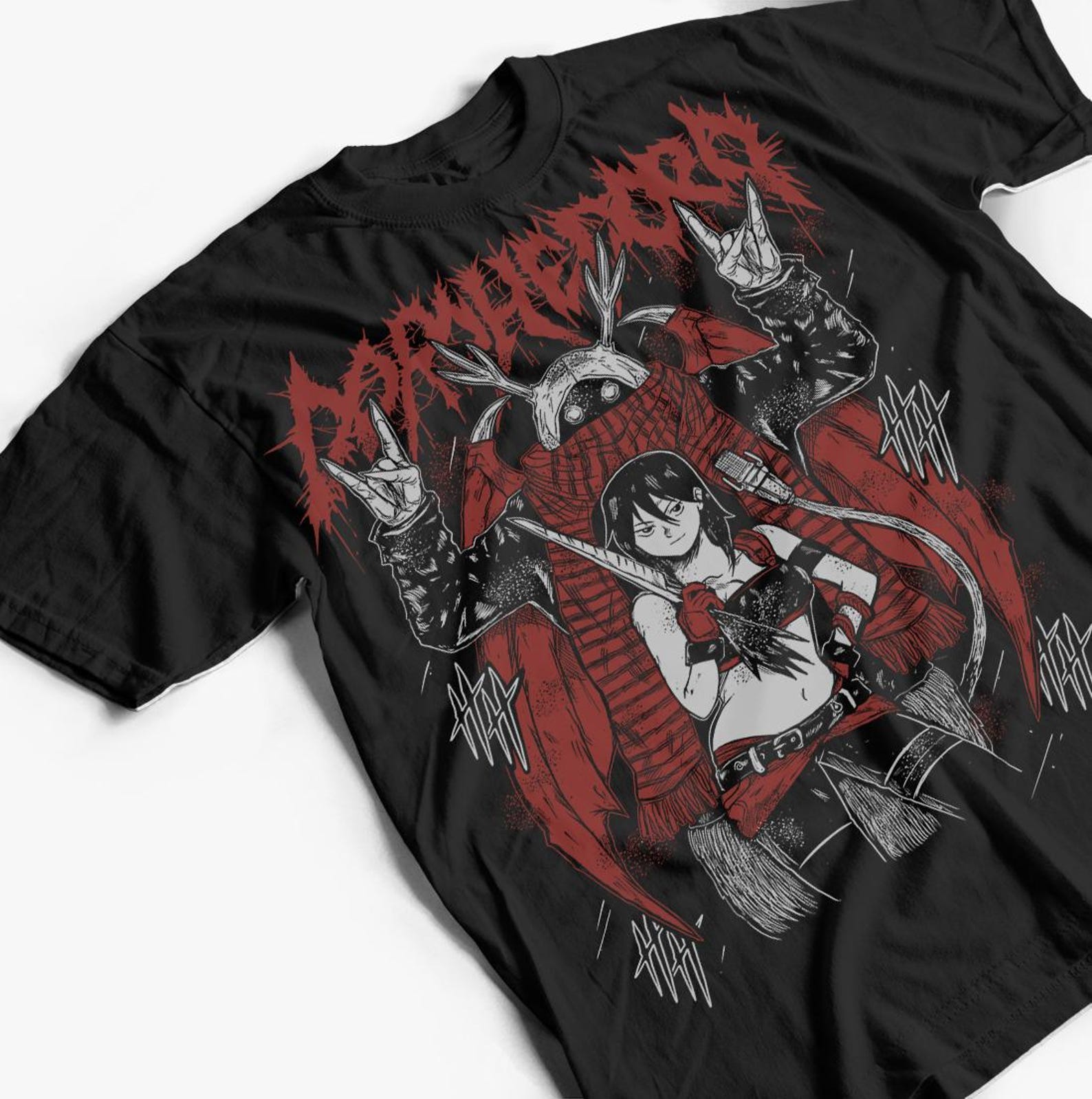 Anime Demon Girl Illustration Tee | Red Mask Metal Band Art L
