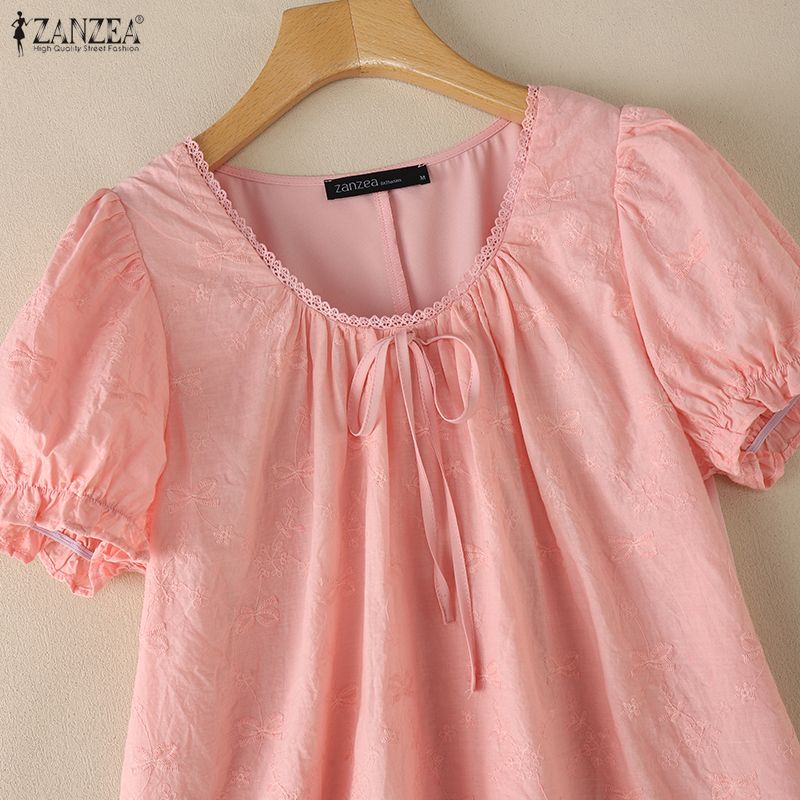 ZANZEA Damen Lässige Runde Halslinie Lockere Sommer Kurzarm Bluse