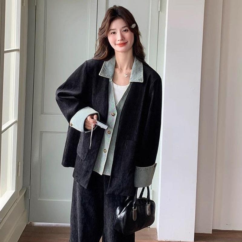 Korean Fashion Denim Blazer Wide Leg Pants Two Piece Set Women Spring Autumn Office Suit