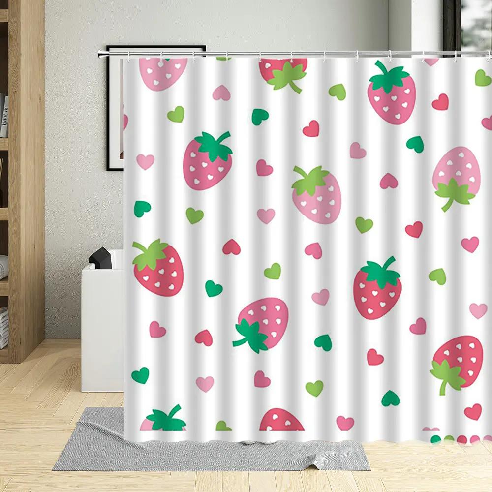 Cartoons Fruit Strawberry Printing Bathroom Curtains Waterproof with Hooks Shower Curtain Polyester Hanging Curtains Multi Size