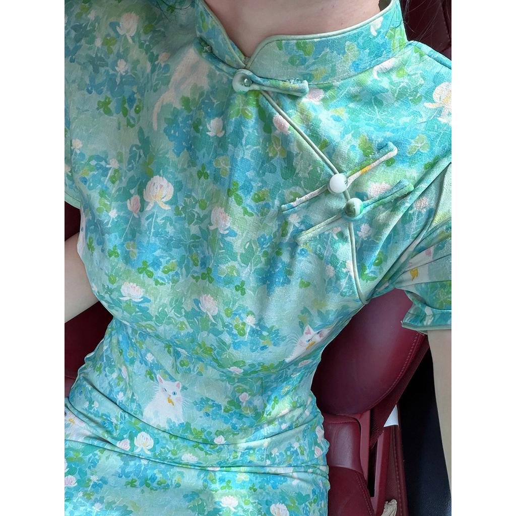 1011 summer new cheongsam cheongsam delivery dress cheongsam wins women's cheongsam blue-green white new Chinese style
