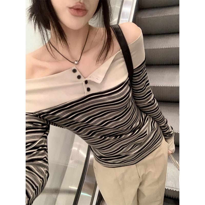 Temperament Contrast Striped Long-sleeved T-shirt for Women Spring New Slim Design One-shoulder Top