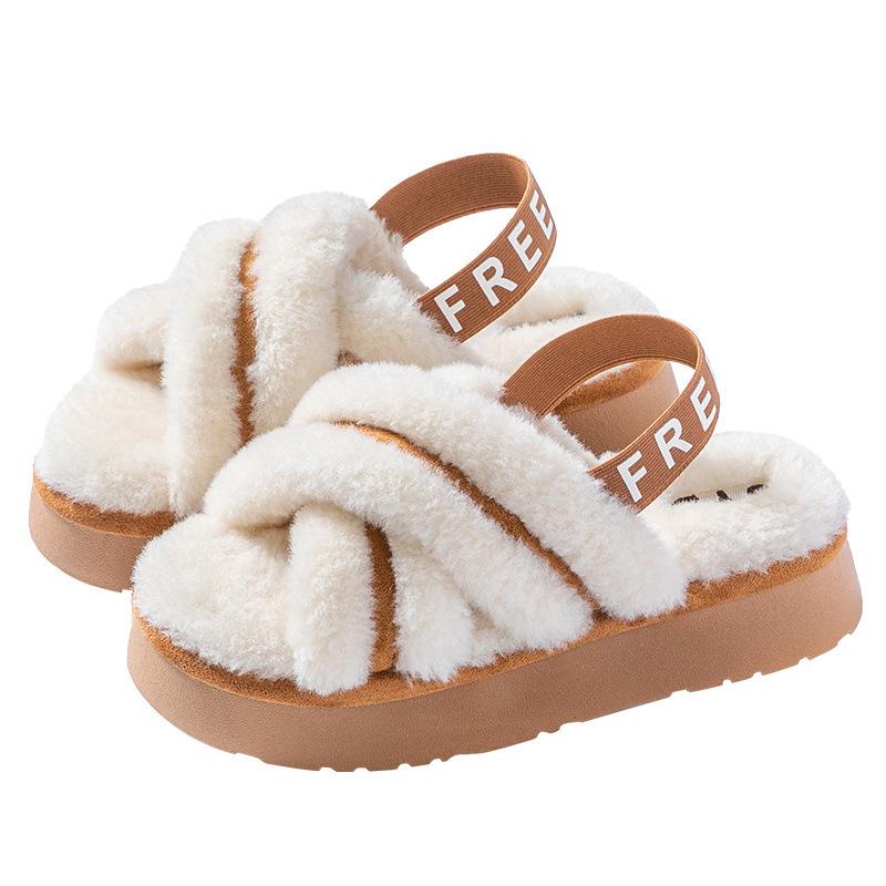 Autumn and Winter Velvet Cross Belt Korean Version Open-toed Fluffy Cool Slippers 2025 Casual Thick-bottomed Fairy Cotton Slippers