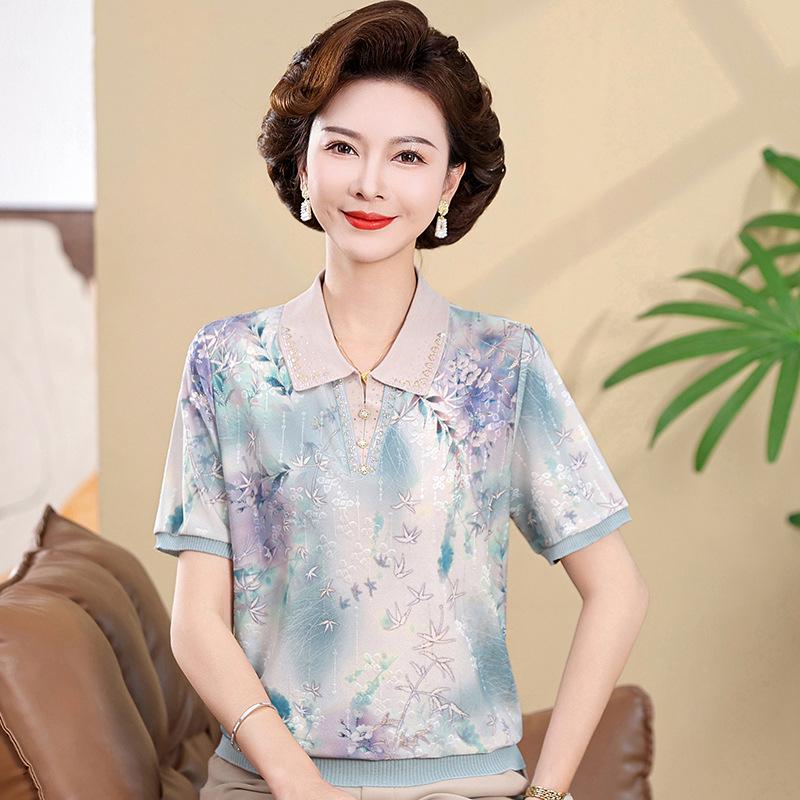 Stylish Ice Silk Lapel T-shirt for Middle-Aged Women - Short-Sleeved Summer Top L (recommended 40-50kg) синий