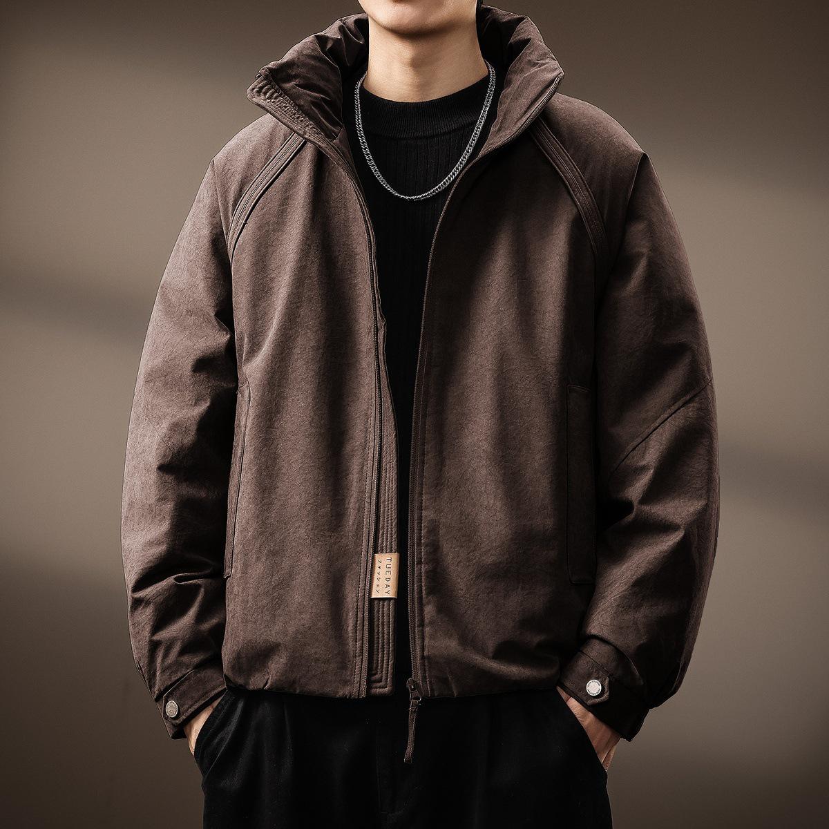 

Men s Retro 90s White Duck Down Jacket - Stand Collar, Thick, Warm, Trendy, Loose-Fit for Autumn/Winter. L (suitable for 135-150 jin) коричневий