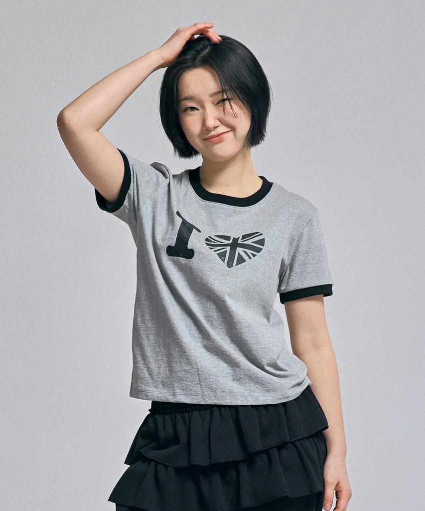 AWESOME STUDIO Heart Ringer Color Block Short Sleeve T-Shirt Melange Gray