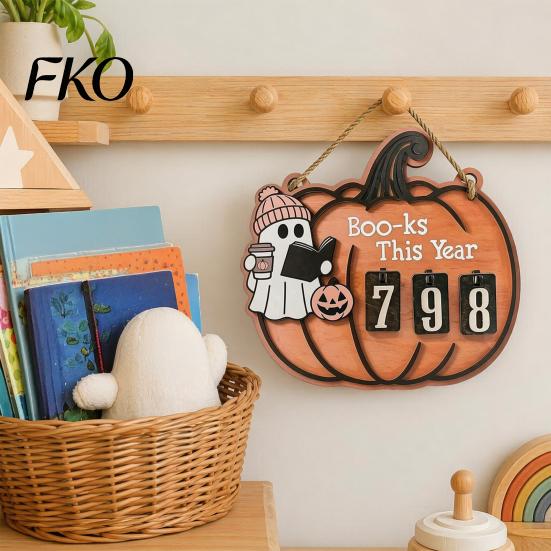Pumpkin Ghost Design Halloween Reading Tracker Wooden Hanging Sign, Sliding Number Counter for Book Read This Year, Fun Gift Spooky Decor