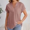 Women's Fashion Solid Color V Neck Button Pocket Short Sleeved Shirt Cotton Casual  T-shirt Top
