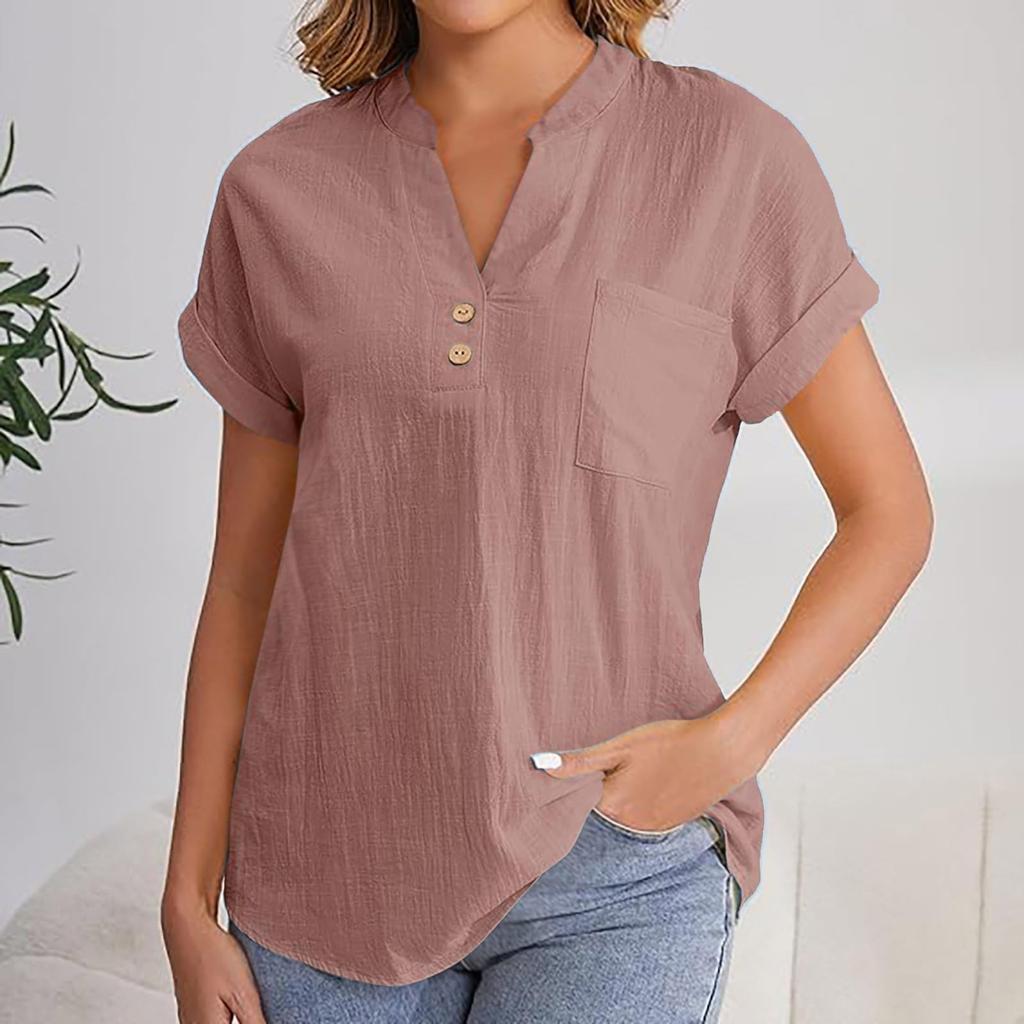 Women's Fashion Solid Color V Neck Button Pocket Short Sleeved Shirt Cotton Casual  T-shirt Top