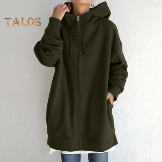 Fall Winter Hooded Jacket Zipper Closure Deawstring Hoodie Long Sleeves Loose Solid Color Warm Pockets Mid Length Neck Protection Coat