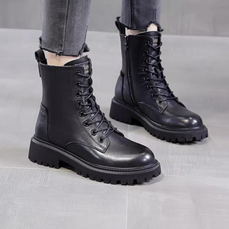 Sněhule, Krátké kožené boty Dámské Plus Sametové Zesílené Středně vysoké Vodotěsné Protiskluzové S kožešinou Integrované Zimní Teplé Bavlněné Boty a Kozačky